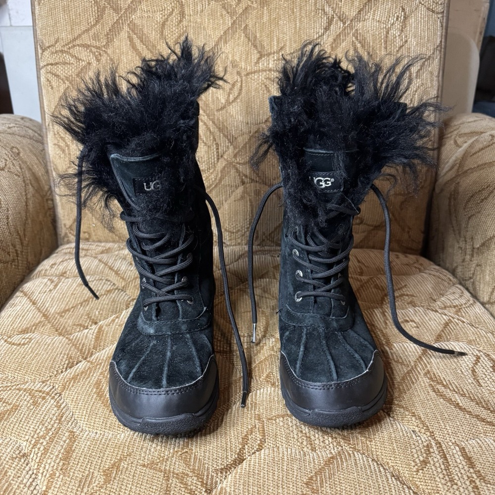 KIDS GIRLS 6 BLACK UGG BUTTE II FLUFF MONGOLIAN SHEEPSKIN‎ BOOTS
